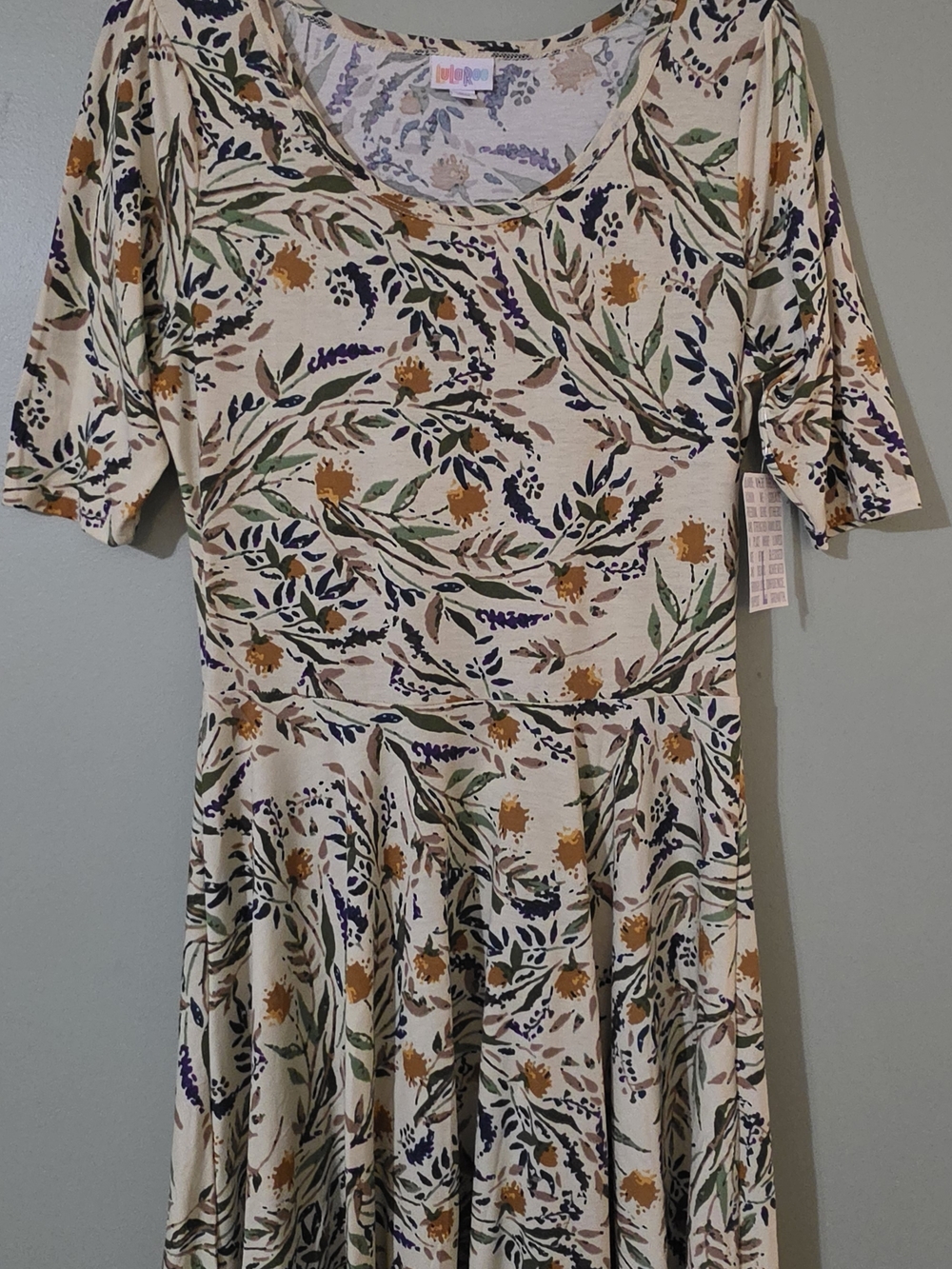 LuLaRoe Cream Floral Fit & Flare Dress with Green, Navy, and Mustard -Retired!